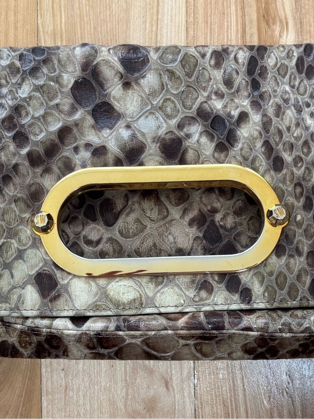 Stuart Weitzman Taupe and Gold Snakeskin Clutch